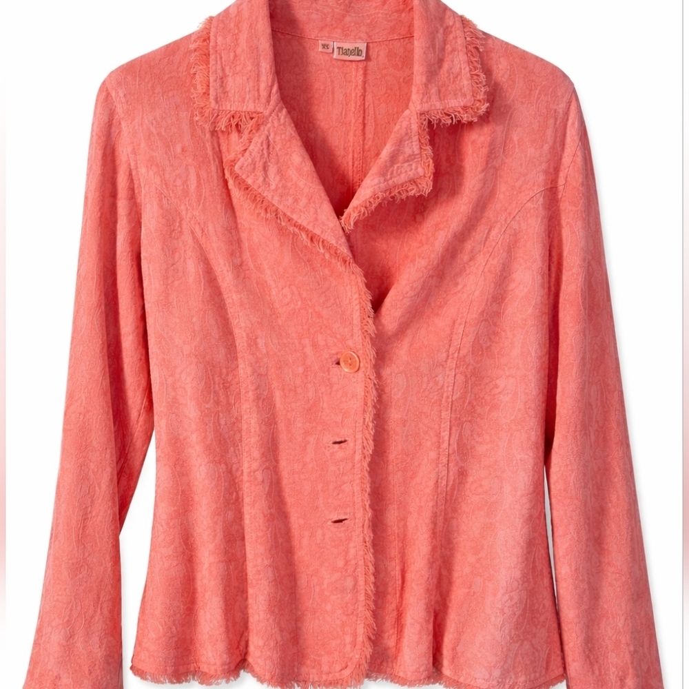 Tianello Coral Pink Textured Tencel Jacket Blazer Frayed Trim Sz XS